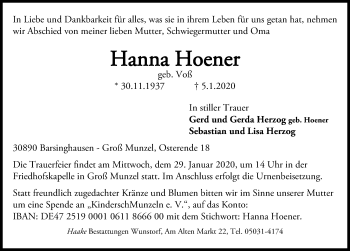 Traueranzeige von Hanna Hoener von Hannoversche Allgemeine Zeitung/Neue Presse
