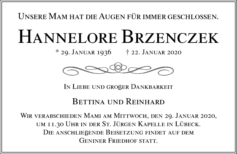  Traueranzeige für Hannelore Brzenczek vom 26.01.2020 aus Lübecker Nachrichten