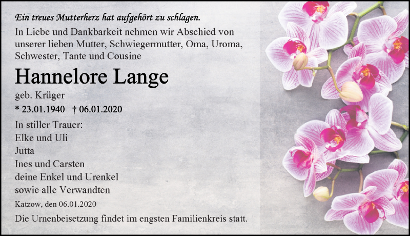  Traueranzeige für Hannelore Lange vom 11.01.2020 aus Ostsee-Zeitung GmbH