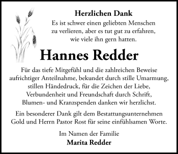 Traueranzeige von Hannes Redder von Lübecker Nachrichten