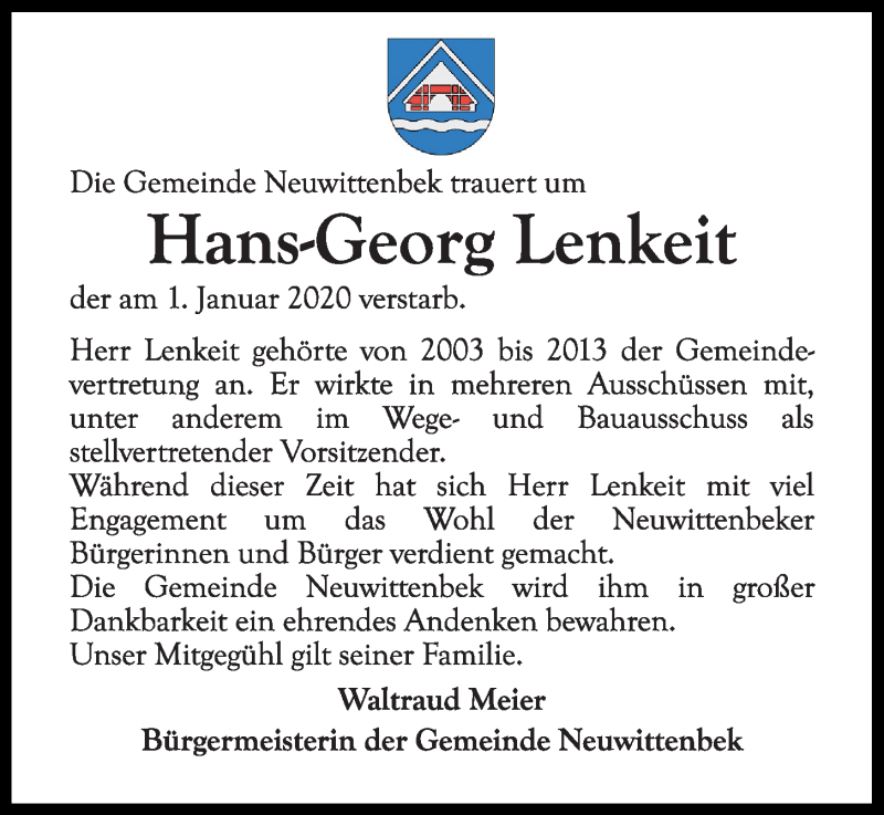  Traueranzeige für Hans-Georg Lenkeit vom 09.01.2020 aus Kieler Nachrichten