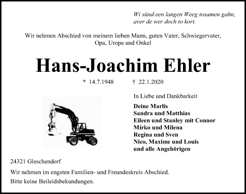  Traueranzeige für Hans-Joachim Ehler vom 25.01.2020 aus Kieler Nachrichten
