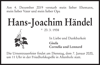 Traueranzeige von Hans-Joachim Händel von Kieler Nachrichten
