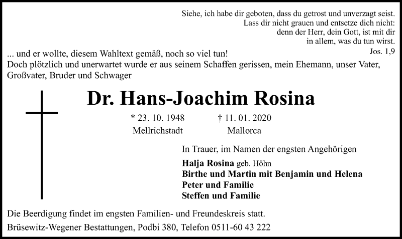  Traueranzeige für Hans-Joachim Rosina vom 25.01.2020 aus Hannoversche Allgemeine Zeitung/Neue Presse