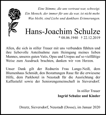 Traueranzeige von Hans-Joachim Schulze