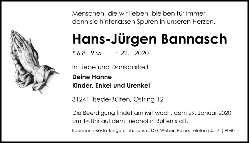  Traueranzeige für Hans-Jürgen Bannasch vom 25.01.2020 aus Peiner Allgemeine Zeitung