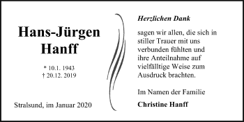 Traueranzeige von Hans-Jürgen Hanff von Ostsee-Zeitung GmbH