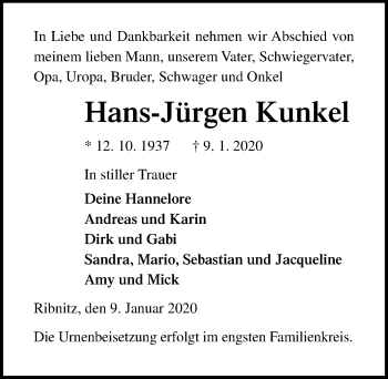 Traueranzeige von Hans-Jürgen Kunkel von Ostsee-Zeitung GmbH