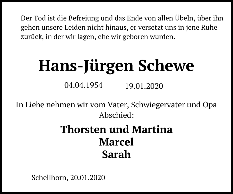  Traueranzeige für Hans-Jürgen Schewe vom 25.01.2020 aus Kieler Nachrichten