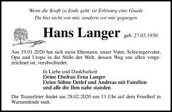 Traueranzeige von Hans Langer von Ostsee-Zeitung GmbH