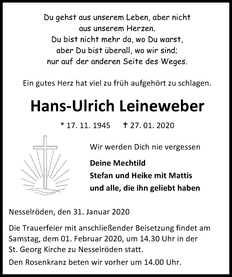  Traueranzeige für Hans-Ulrich Leineweber vom 31.01.2020 aus Göttinger Tageblatt