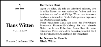 Traueranzeige von Hans Witten von Lübecker Nachrichten