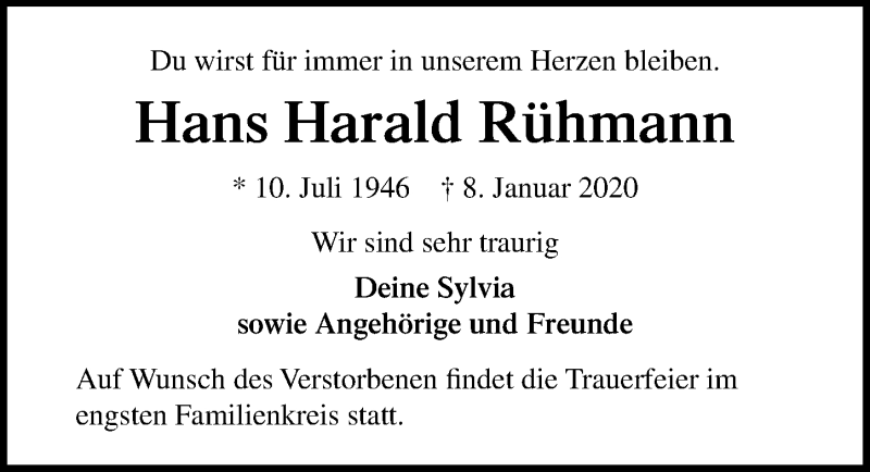  Traueranzeige für Hans Harald Rühmann vom 19.01.2020 aus Lübecker Nachrichten