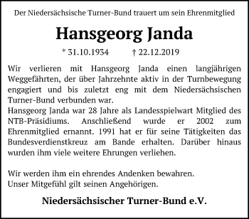Traueranzeige von Hansgeorg Janda von Hannoversche Allgemeine Zeitung/Neue Presse