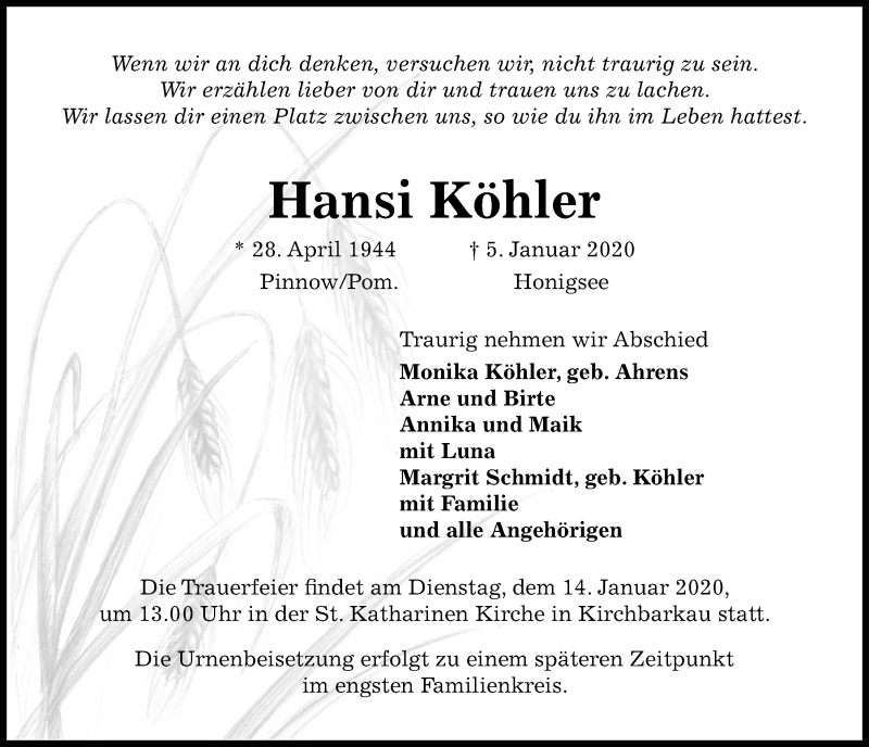  Traueranzeige für Hansi Köhler vom 11.01.2020 aus Kieler Nachrichten