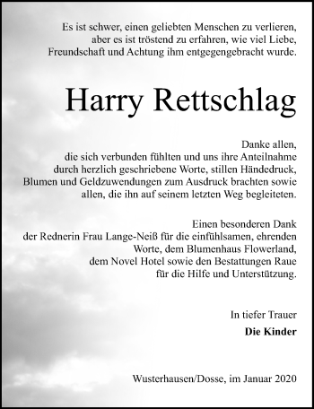 Traueranzeige von Harry Rettschlag