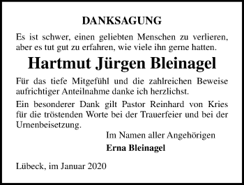 Traueranzeige von Hartmut Jürgen Bleinagel von Lübecker Nachrichten