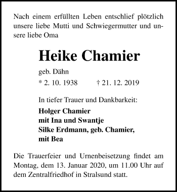 Traueranzeige von Heike Chamier von Ostsee-Zeitung GmbH