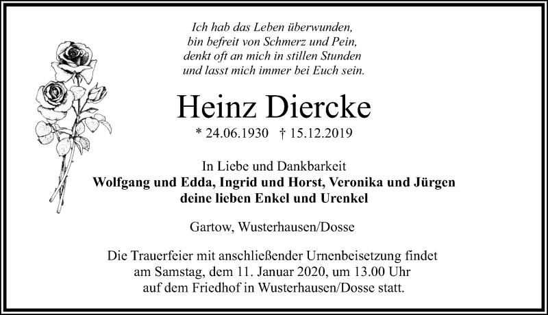  Traueranzeige für Heinz Diercke vom 04.01.2020 aus Märkischen Allgemeine Zeitung