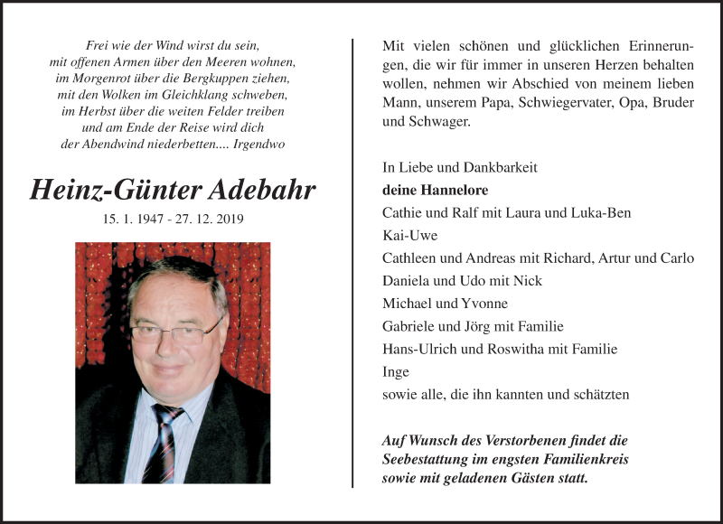  Traueranzeige für Heinz-Günter Adebahr vom 11.01.2020 aus Ostsee-Zeitung GmbH