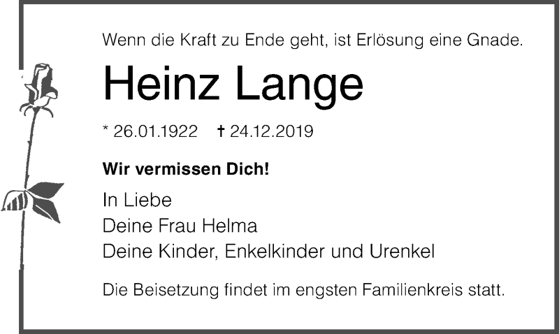  Traueranzeige für Heinz Lange vom 04.01.2020 aus Ostsee-Zeitung GmbH