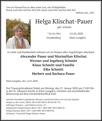 Traueranzeige von Helga Klischat-Pauer von Göttinger Tageblatt