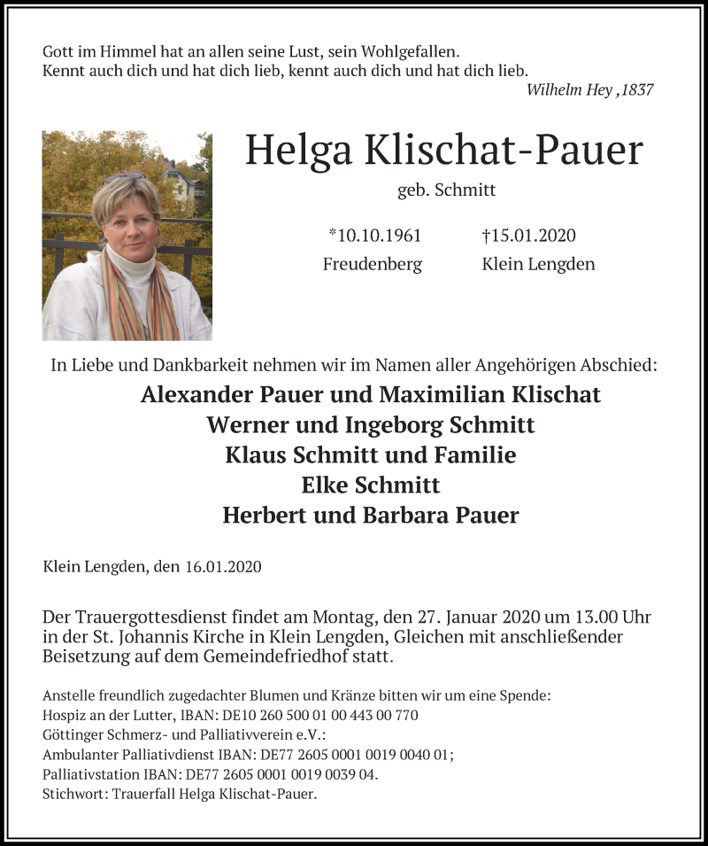  Traueranzeige für Helga Klischat-Pauer vom 18.01.2020 aus Göttinger Tageblatt