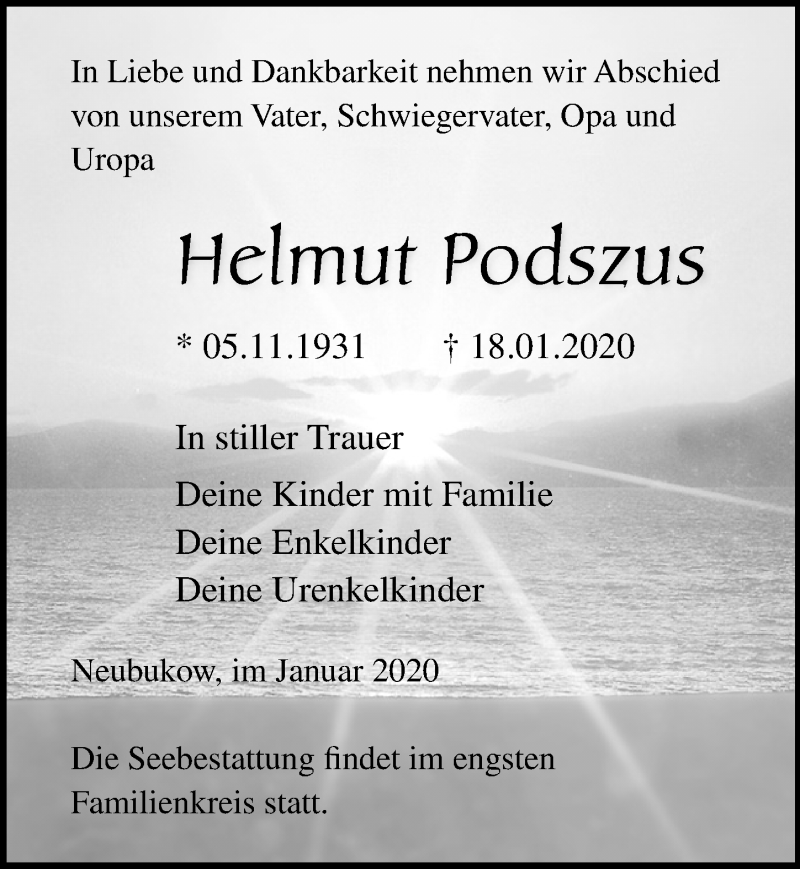  Traueranzeige für Helmut Podszus vom 25.01.2020 aus Ostsee-Zeitung GmbH