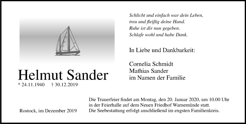  Traueranzeige für Helmut Sander vom 11.01.2020 aus Ostsee-Zeitung GmbH