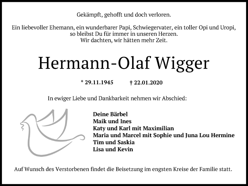  Traueranzeige für Hermann-Olaf Wigger vom 25.01.2020 aus Ostsee-Zeitung GmbH