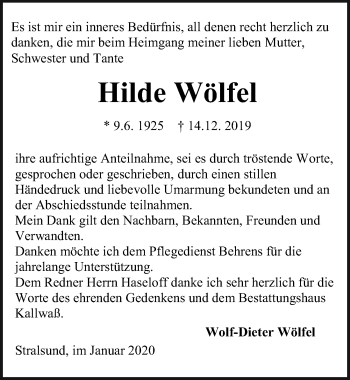 Traueranzeige von Hilde Wölfel von Ostsee-Zeitung GmbH