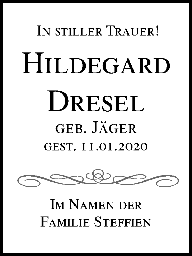  Traueranzeige für Hildegard Dresel vom 19.01.2020 aus Lübecker Nachrichten