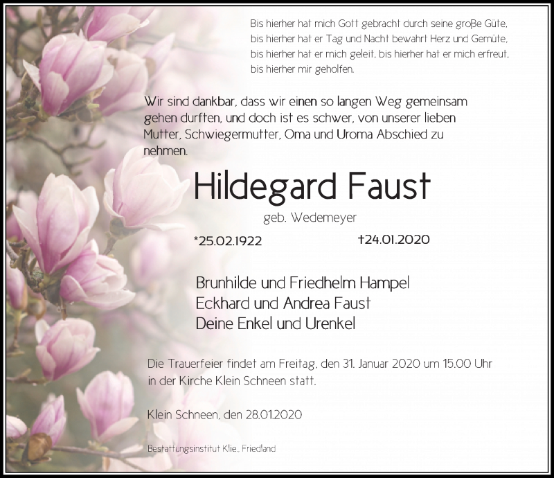  Traueranzeige für Hildegard Faust vom 28.01.2020 aus Göttinger Tageblatt