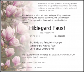 Traueranzeige von Hildegard Faust von Göttinger Tageblatt