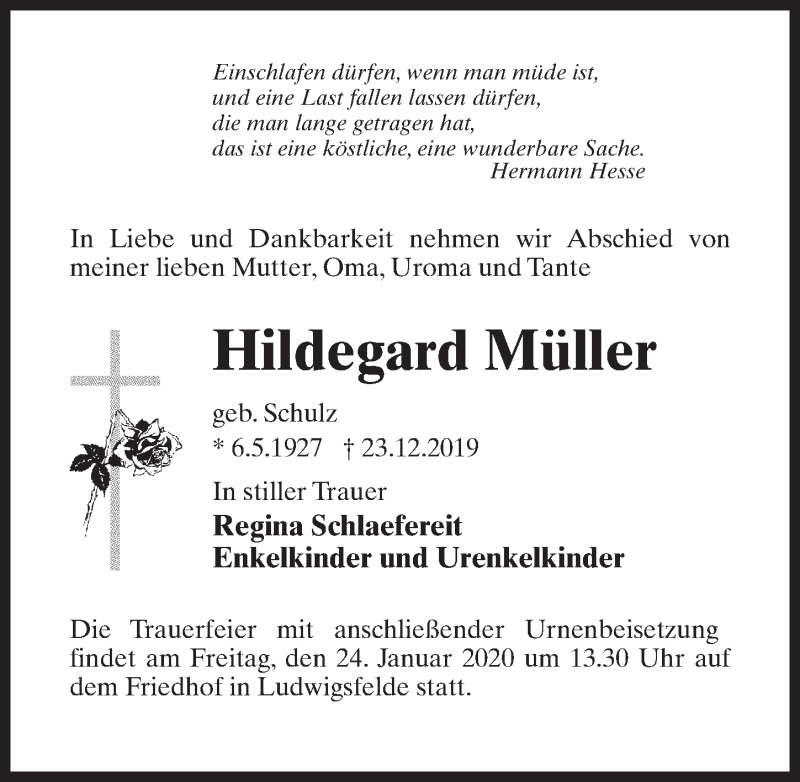 Traueranzeigen Von Hildegard Müller | Trauer-anzeigen.de