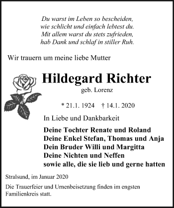 Traueranzeige von Hildegard Richter von Ostsee-Zeitung GmbH