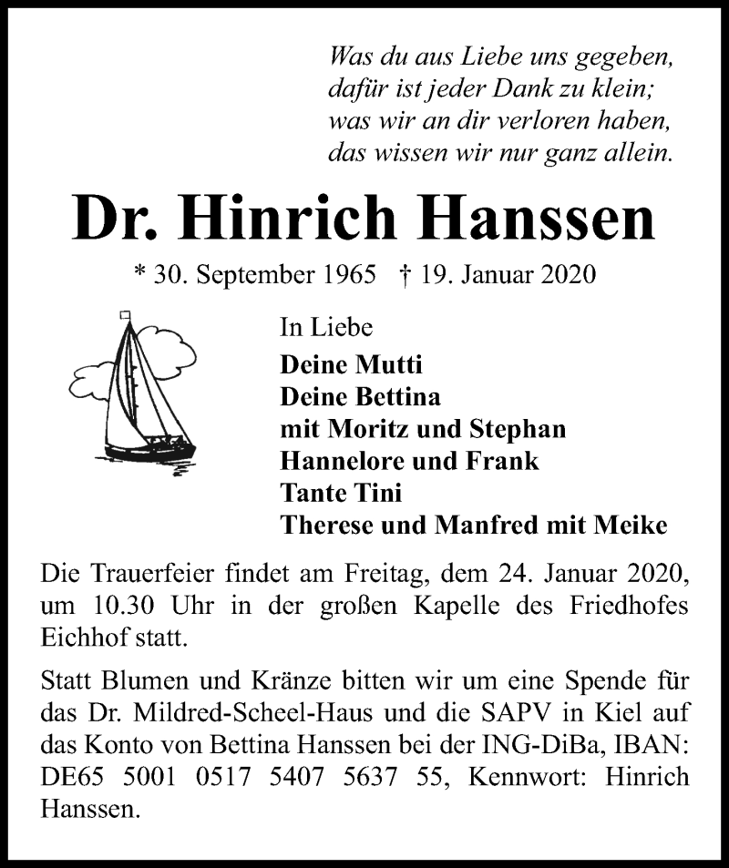  Traueranzeige für Hinrich Hanssen vom 22.01.2020 aus Kieler Nachrichten