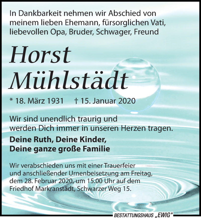  Traueranzeige für Horst Mühlstädt vom 25.01.2020 aus Leipziger Volkszeitung