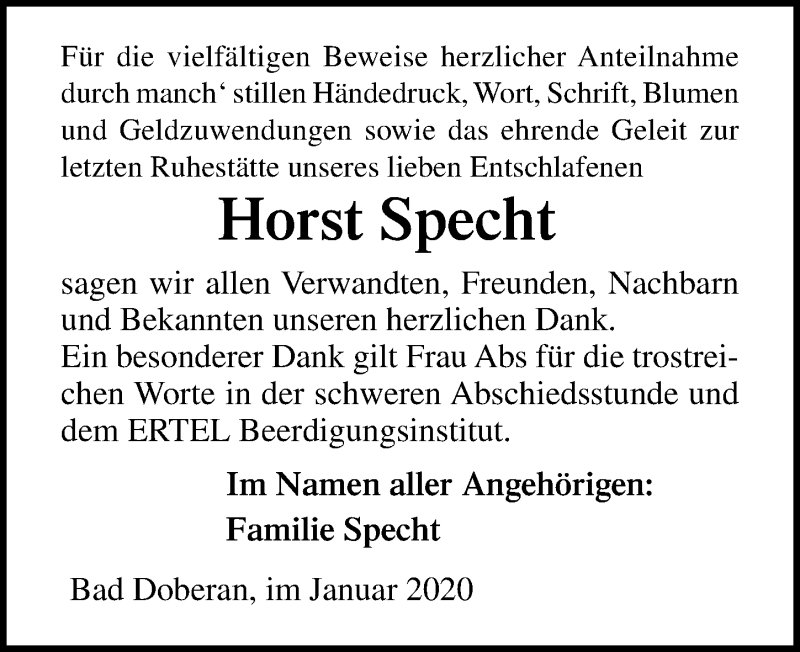 Traueranzeige für Horst Specht vom 11.01.2020 aus Ostsee-Zeitung GmbH