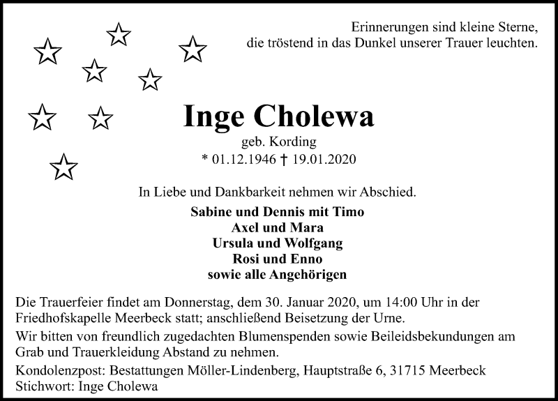  Traueranzeige für Inge Cholewa vom 22.01.2020 aus Schaumburger Nachrichten