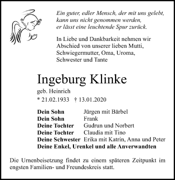 Traueranzeige von Ingeburg Klinke