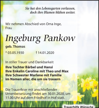Traueranzeige von Ingeburg Pankow von Leipziger Volkszeitung