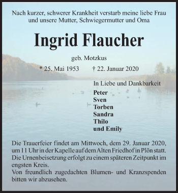 Traueranzeige von Ingrid Flaucher von Kieler Nachrichten