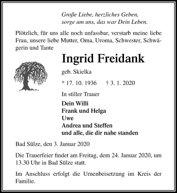 Traueranzeige von Ingrid Freidank von Ostsee-Zeitung GmbH