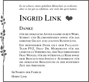 Traueranzeige von Ingrid Link von Ostsee-Zeitung GmbH