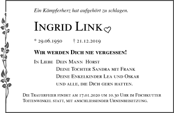 Traueranzeige von Ingrid Link von Ostsee-Zeitung GmbH