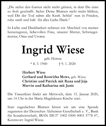 Traueranzeige von Ingrid Wiese von Kieler Nachrichten