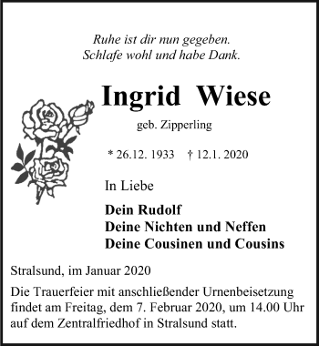 Traueranzeige von Ingrid Wiese von Ostsee-Zeitung GmbH