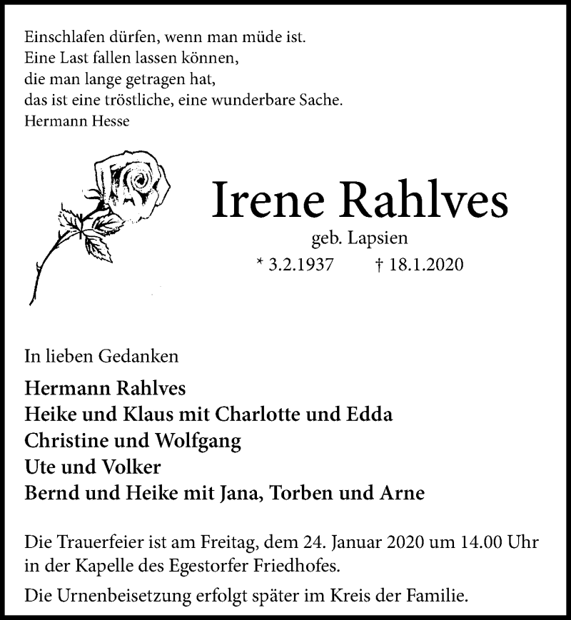  Traueranzeige für Irene Rahlves vom 21.01.2020 aus Hannoversche Allgemeine Zeitung/Neue Presse