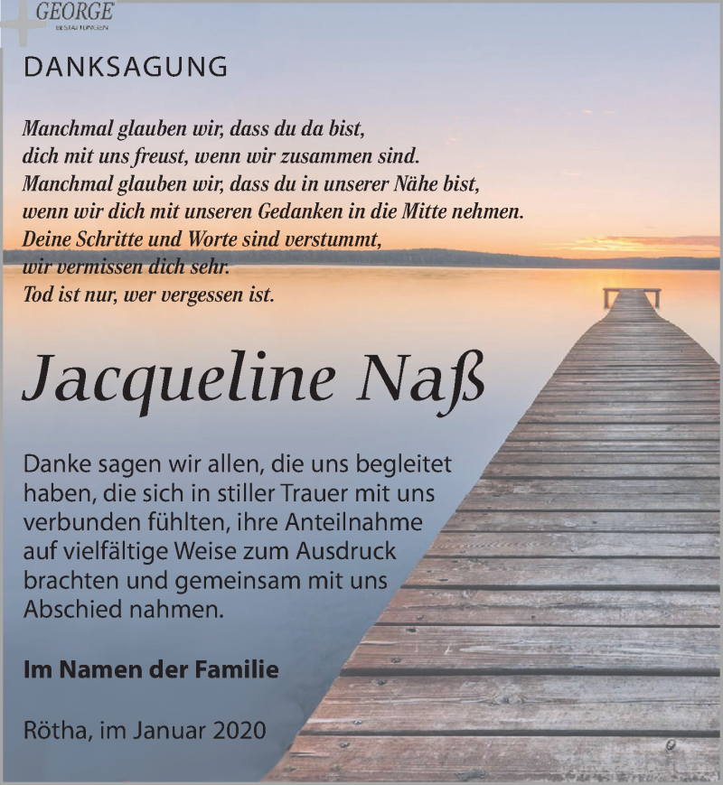  Traueranzeige für Jacqueline Naß vom 18.01.2020 aus Leipziger Volkszeitung